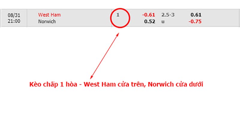 Ví dụ kèo chấp 1 giữa West Ham vs Norwich